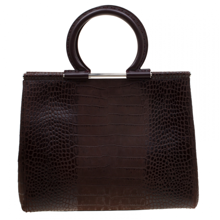 Pre Owned Salvatore Ferragamo Brown Croc Embossed Top Handle Bag