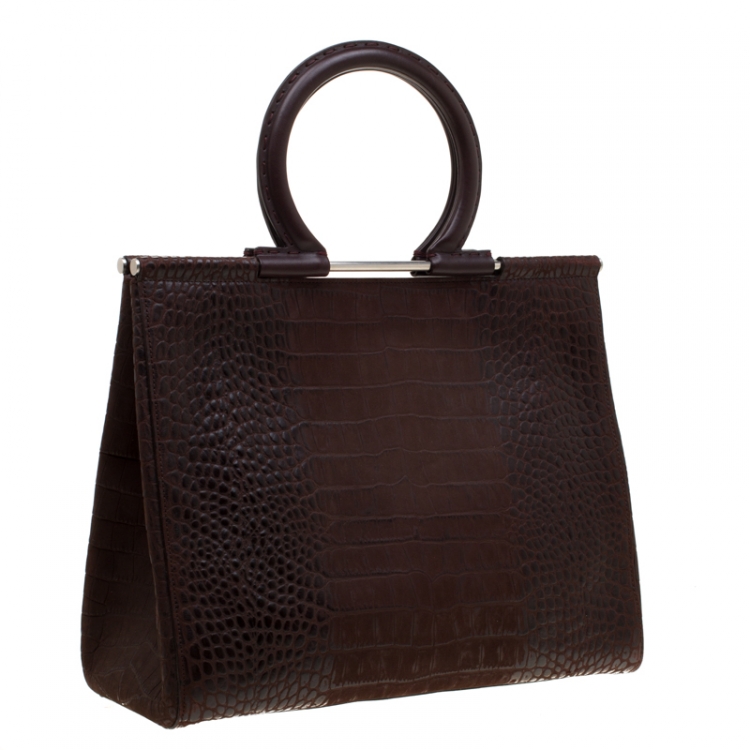 Pre Owned Salvatore Ferragamo Brown Croc Embossed Top Handle Bag