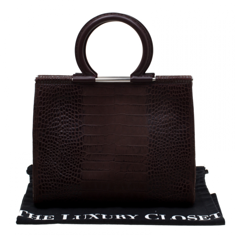 Pre Owned Salvatore Ferragamo Brown Croc Embossed Top Handle Bag