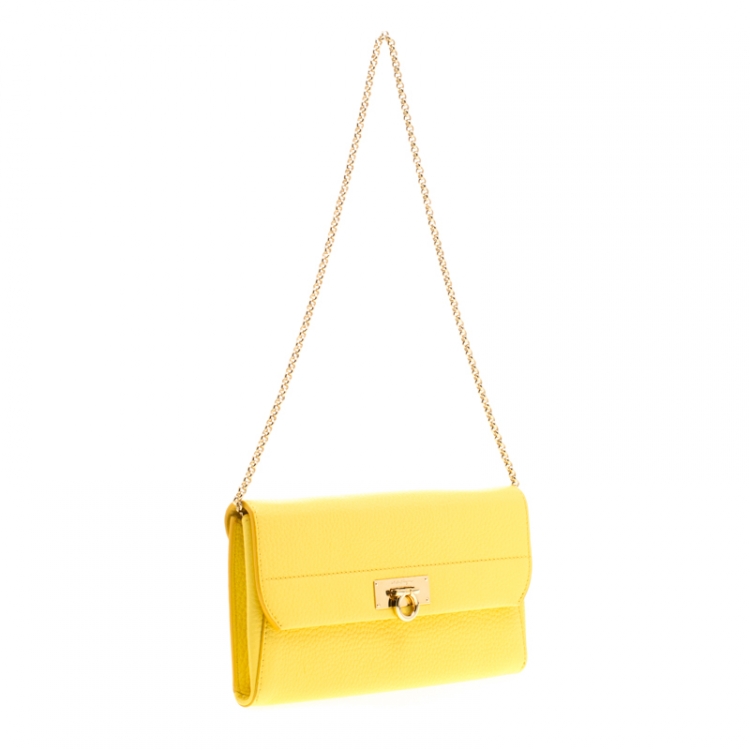 Pre Owned Salvatore Ferragamo Yellow Leather Wallet on Chain
