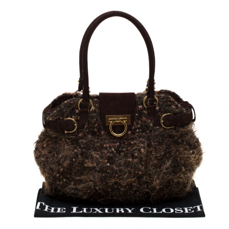 Pre Owned Salvatore Ferragamo Brown Metallic Wool Marisa Satchel