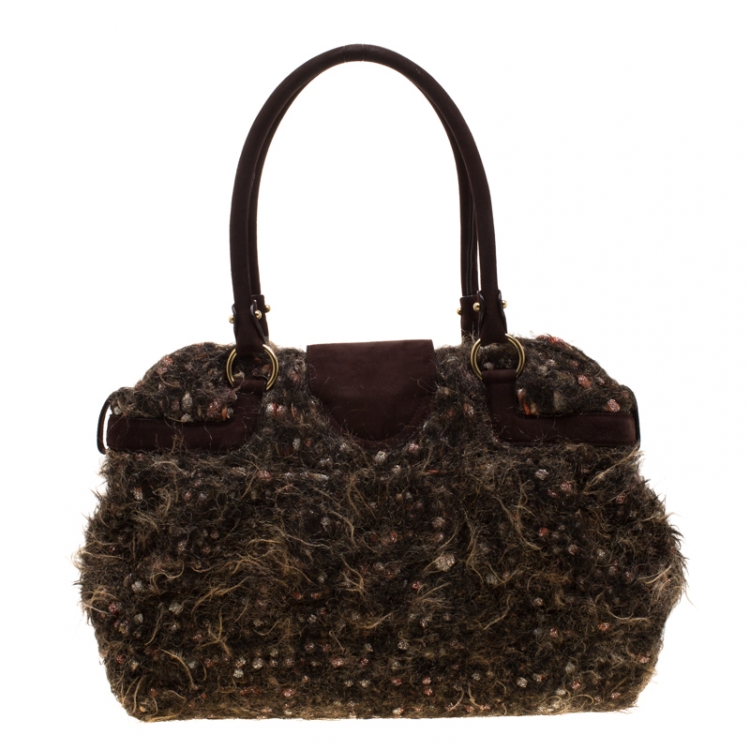 Pre Owned Salvatore Ferragamo Brown Metallic Wool Marisa Satchel