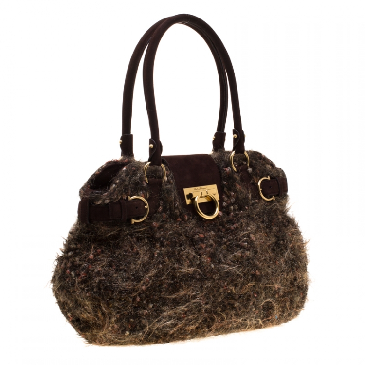 Pre Owned Salvatore Ferragamo Brown Metallic Wool Marisa Satchel