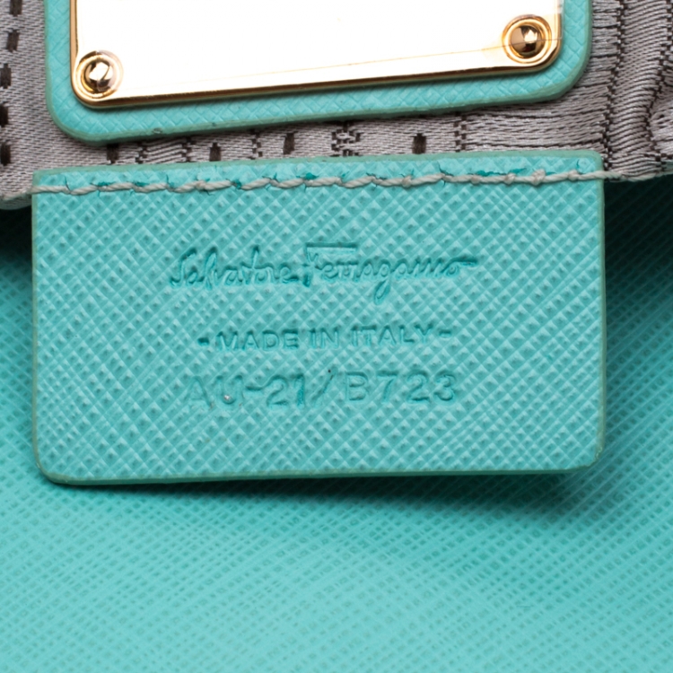 Pre Owned Salvatore Ferragamo Mint Green Leather Gancini Flap Bag