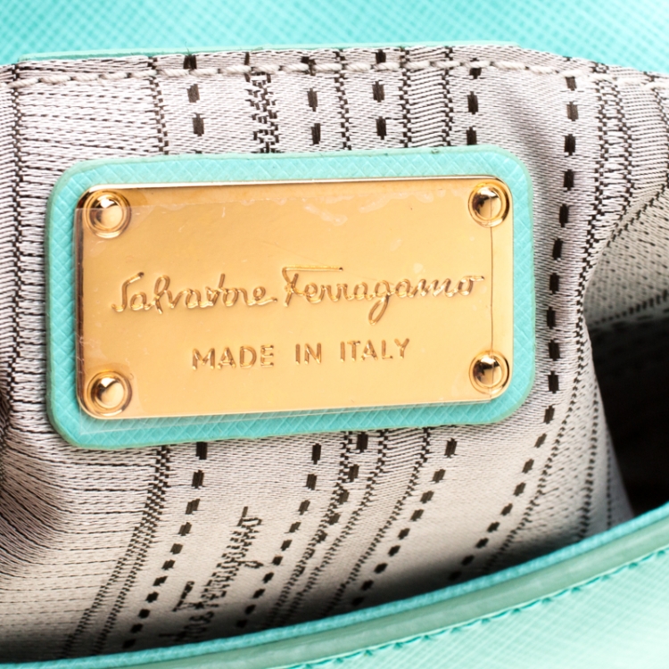Pre Owned Salvatore Ferragamo Mint Green Leather Gancini Flap Bag