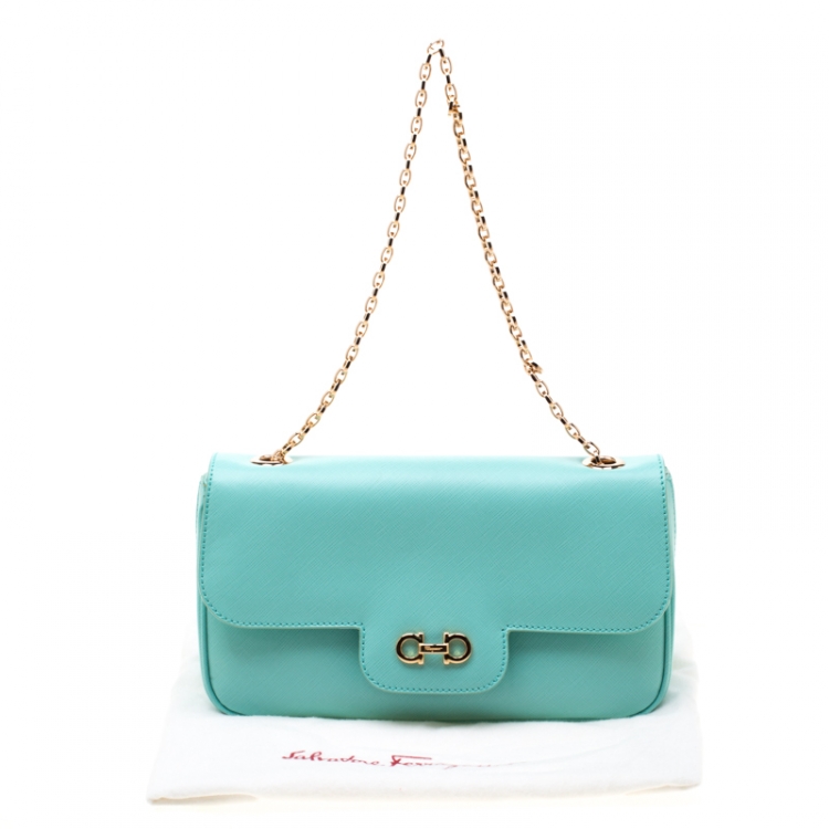 Pre Owned Salvatore Ferragamo Mint Green Leather Gancini Flap Bag