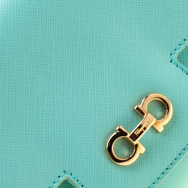 Pre Owned Salvatore Ferragamo Mint Green Leather Gancini Flap Bag