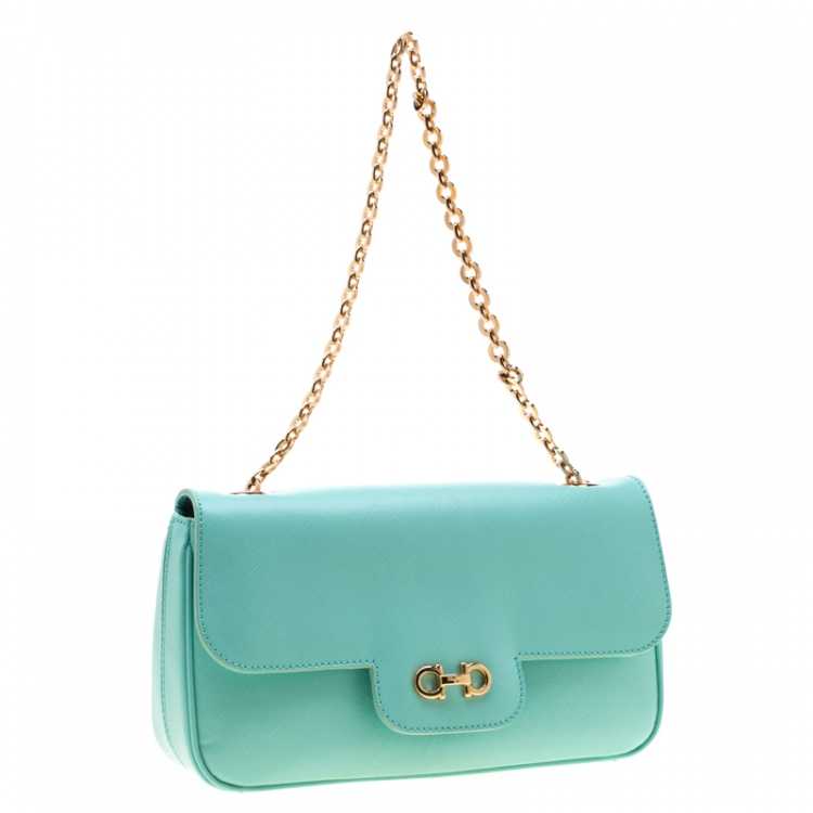 Pre Owned Salvatore Ferragamo Mint Green Leather Gancini Flap Bag