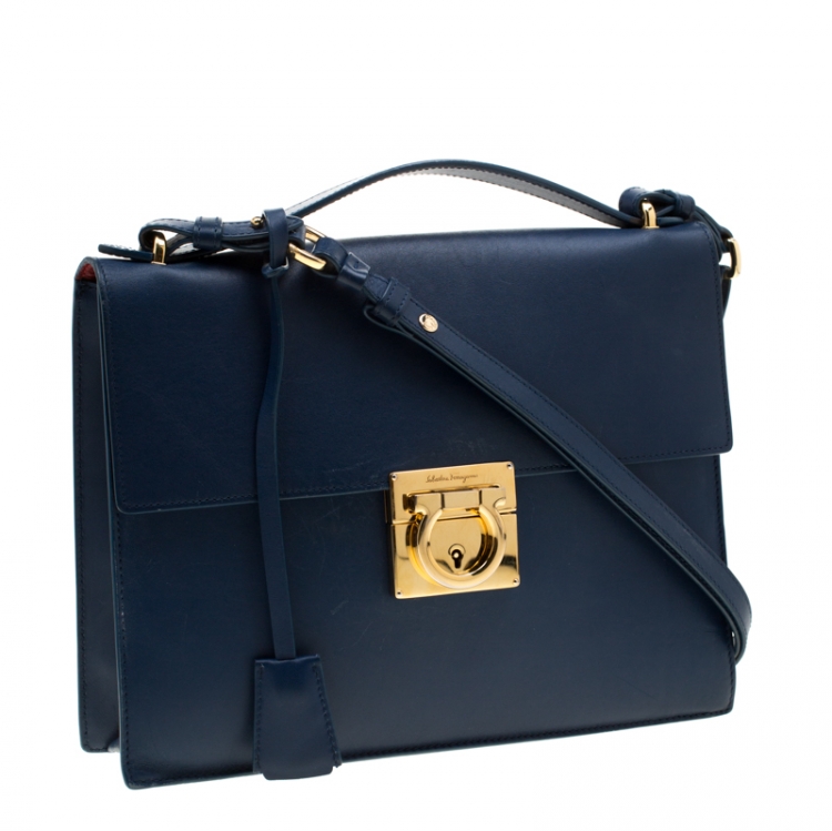 Pre Owned Salvatore Ferragamo Blue Leather Gancio Lock Shoulder Bag