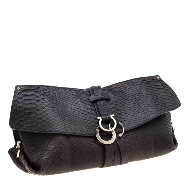 Pre Owned Salvatore Ferragamo Dark Brown Perla Large Matte Python Clutch