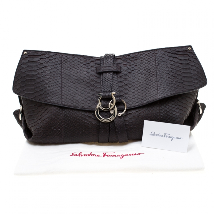 Pre Owned Salvatore Ferragamo Dark Brown Perla Large Matte Python Clutch