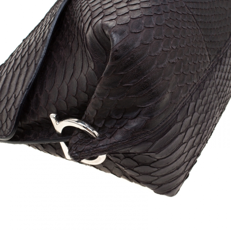Pre Owned Salvatore Ferragamo Dark Brown Perla Large Matte Python Clutch
