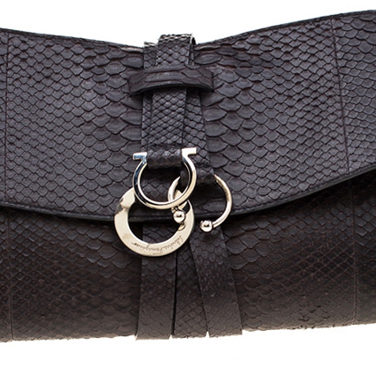 Pre Owned Salvatore Ferragamo Dark Brown Perla Large Matte Python Clutch