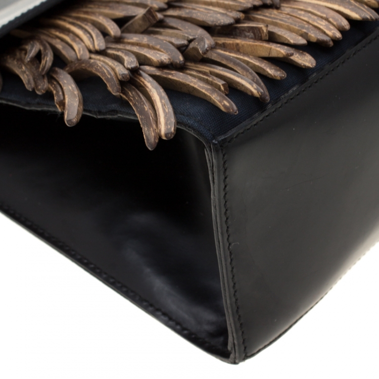 Pre Owned Salvatore Ferragamo Black Leather and Canvas Wood Fringe Tote