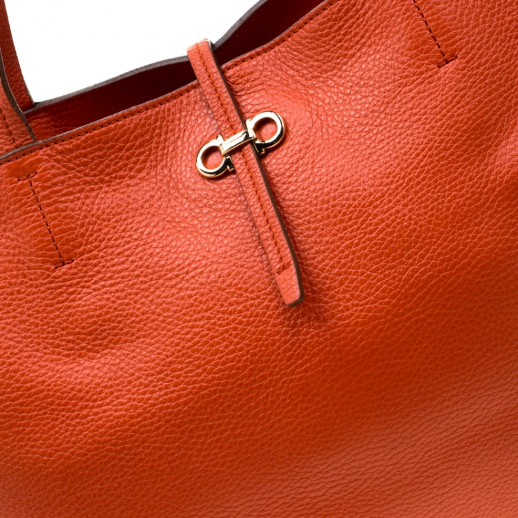Pre Owned Salvatore Ferragamo Orange Leather Bice Tote