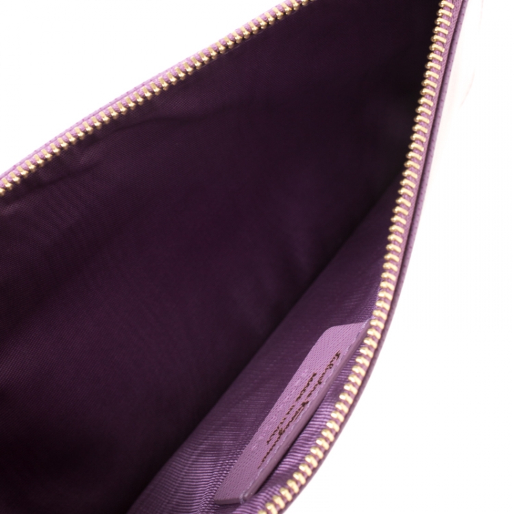 Pre Owned Salvatore Ferragamo Lavander Leather Double Gancio Zip Pouch