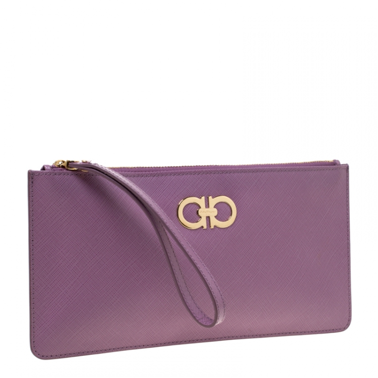 Pre Owned Salvatore Ferragamo Lavander Leather Double Gancio Zip Pouch