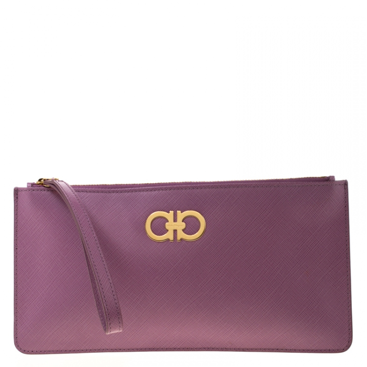 Pre Owned Salvatore Ferragamo Lavander Leather Double Gancio Zip Pouch