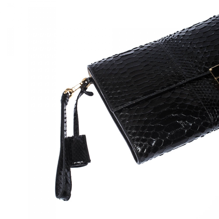 Pre Owned Salvatore Ferragamo Black Python Leahter Flap Clutch