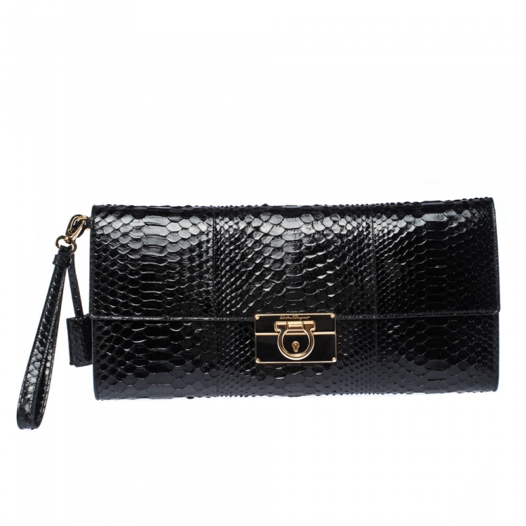 Pre Owned Salvatore Ferragamo Black Python Leahter Flap Clutch