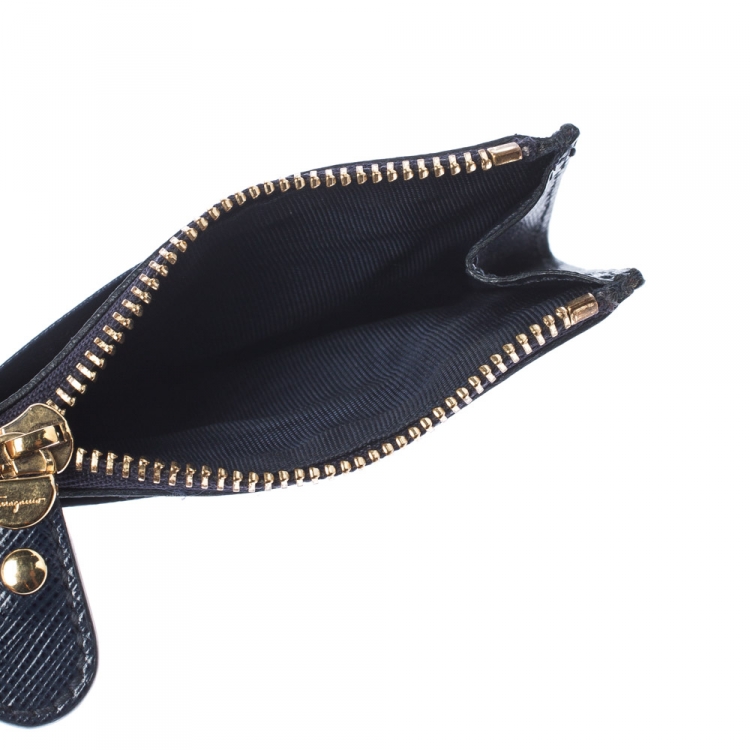 مملوكة مسبقًا Salvatore Ferragamo Navy Blue Leather Double Gancio Card Holder