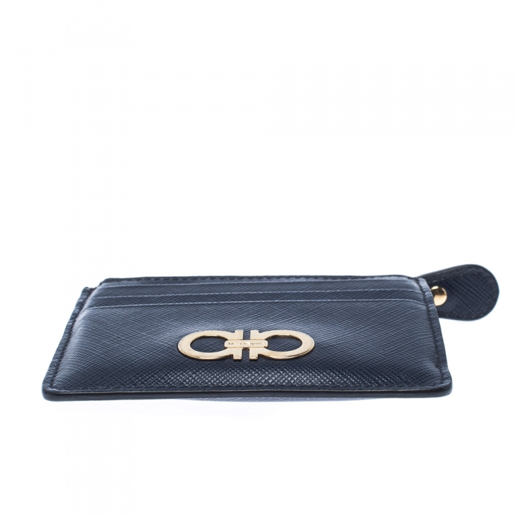 مملوكة مسبقًا Salvatore Ferragamo Navy Blue Leather Double Gancio Card Holder