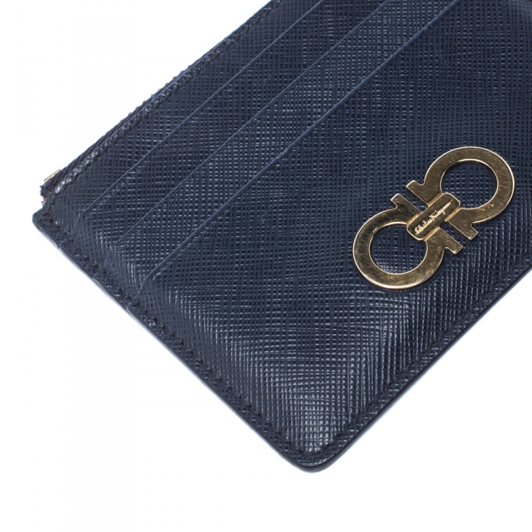 مملوكة مسبقًا Salvatore Ferragamo Navy Blue Leather Double Gancio Card Holder