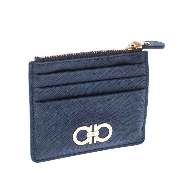 مملوكة مسبقًا Salvatore Ferragamo Navy Blue Leather Double Gancio Card Holder