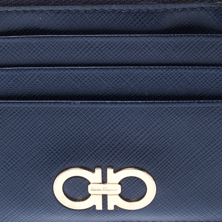 مملوكة مسبقًا Salvatore Ferragamo Navy Blue Leather Double Gancio Card Holder