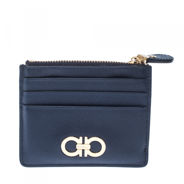 مملوكة مسبقًا Salvatore Ferragamo Navy Blue Leather Double Gancio Card Holder