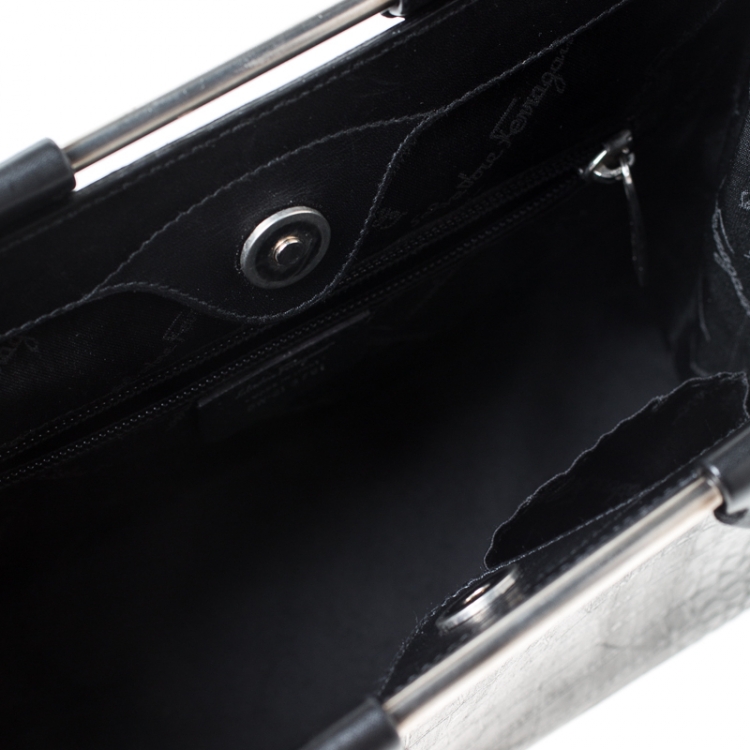 Pre Owned Salvatore Ferragamo Black Croc Embossed Frame Bag