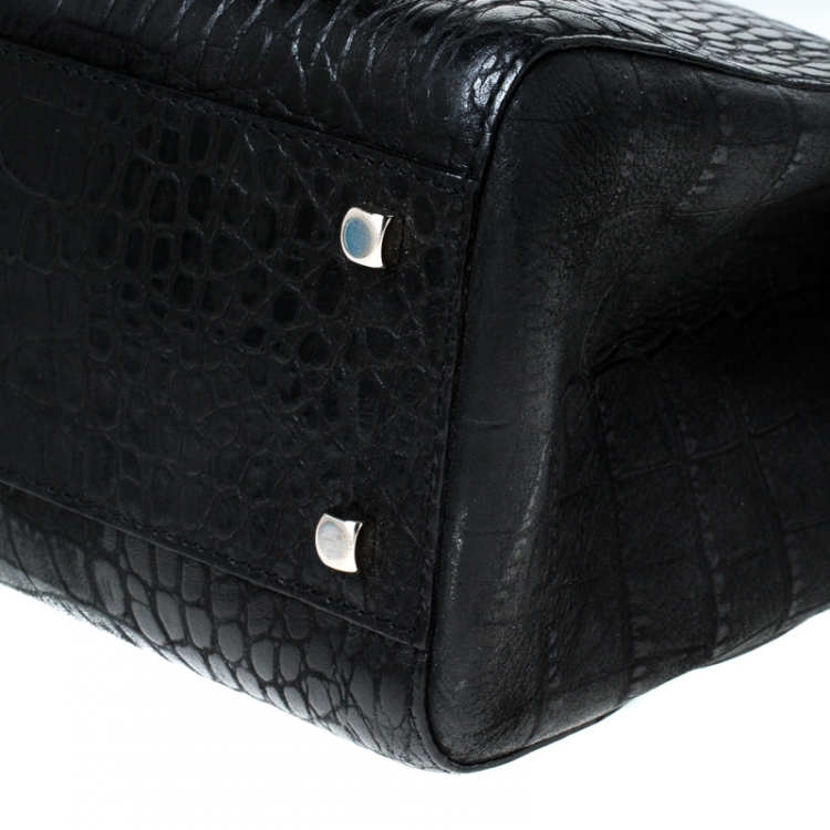 Pre Owned Salvatore Ferragamo Black Croc Embossed Frame Bag