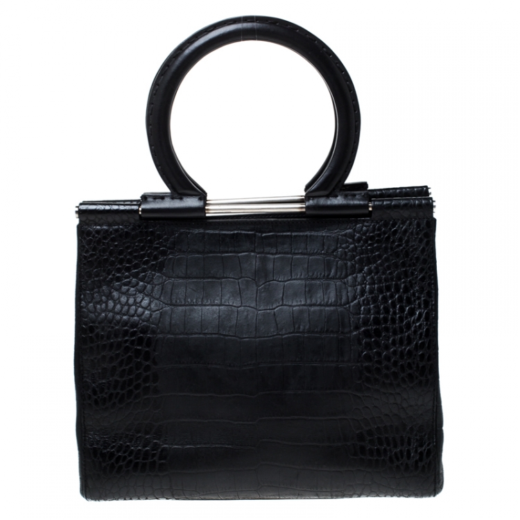Pre Owned Salvatore Ferragamo Black Croc Embossed Frame Bag