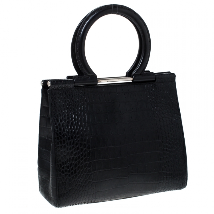 Pre Owned Salvatore Ferragamo Black Croc Embossed Frame Bag