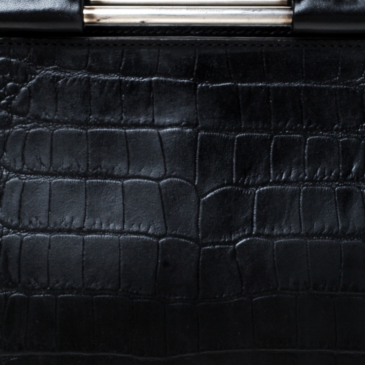 Pre Owned Salvatore Ferragamo Black Croc Embossed Frame Bag