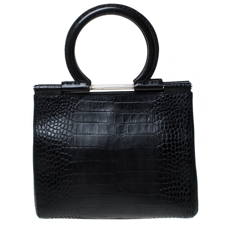 Pre Owned Salvatore Ferragamo Black Croc Embossed Frame Bag