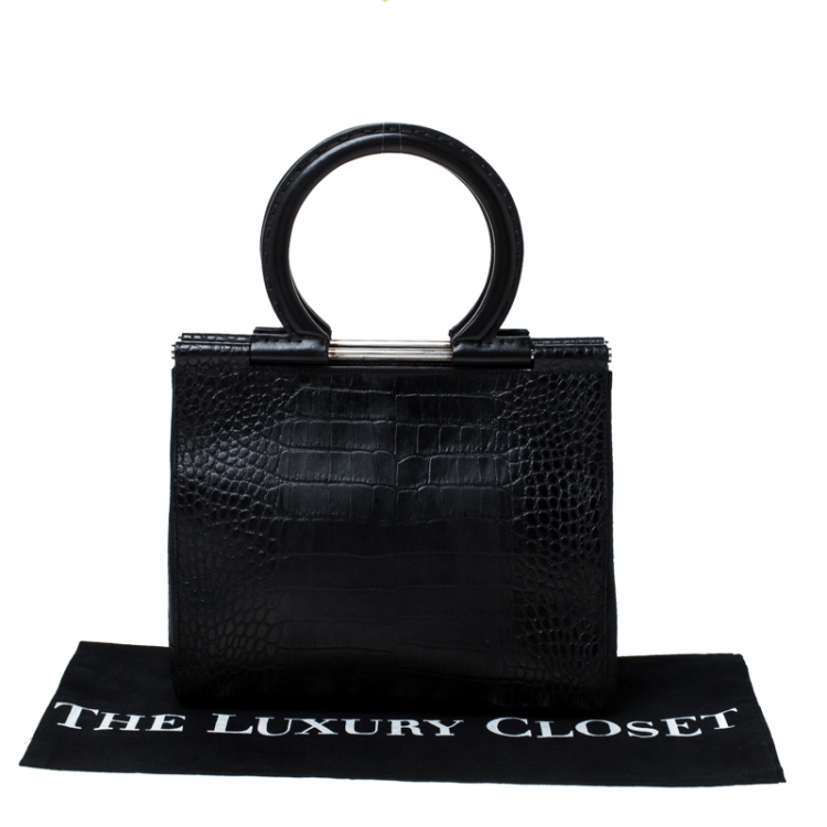 Pre Owned Salvatore Ferragamo Black Croc Embossed Frame Bag