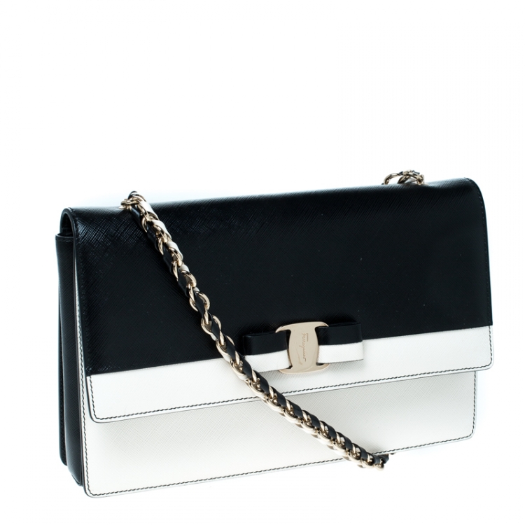 Pre Owned Salvatore Ferragamo Black/White Leather Ginny Shoulder Bag