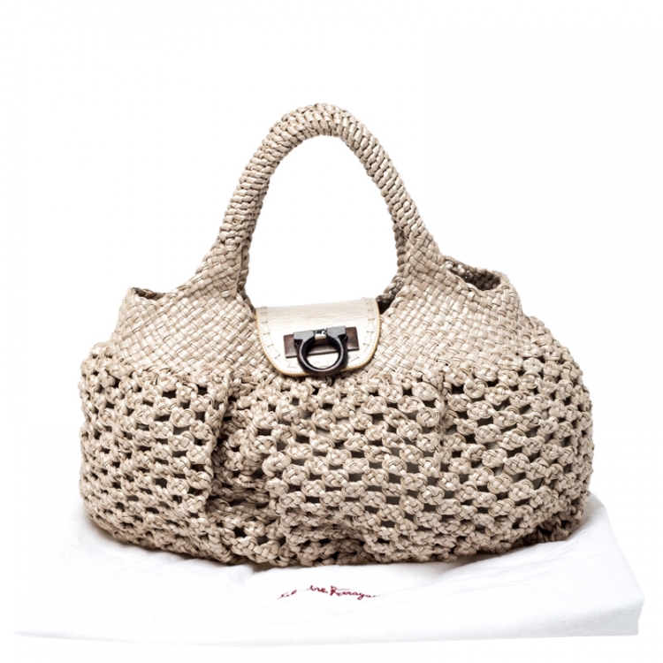 Pre Owned Salvatore Ferragamo Beige Braided Leather Satchel