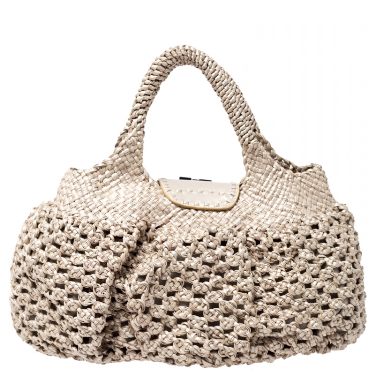 Pre Owned Salvatore Ferragamo Beige Braided Leather Satchel