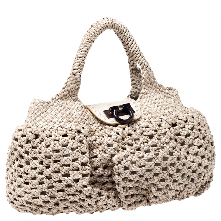 Pre Owned Salvatore Ferragamo Beige Braided Leather Satchel