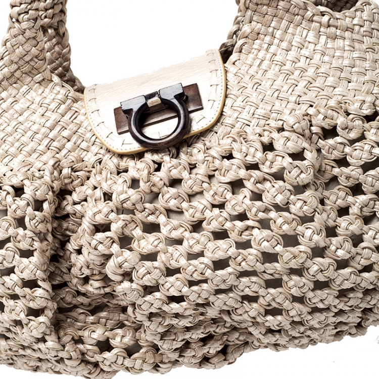 Pre Owned Salvatore Ferragamo Beige Braided Leather Satchel