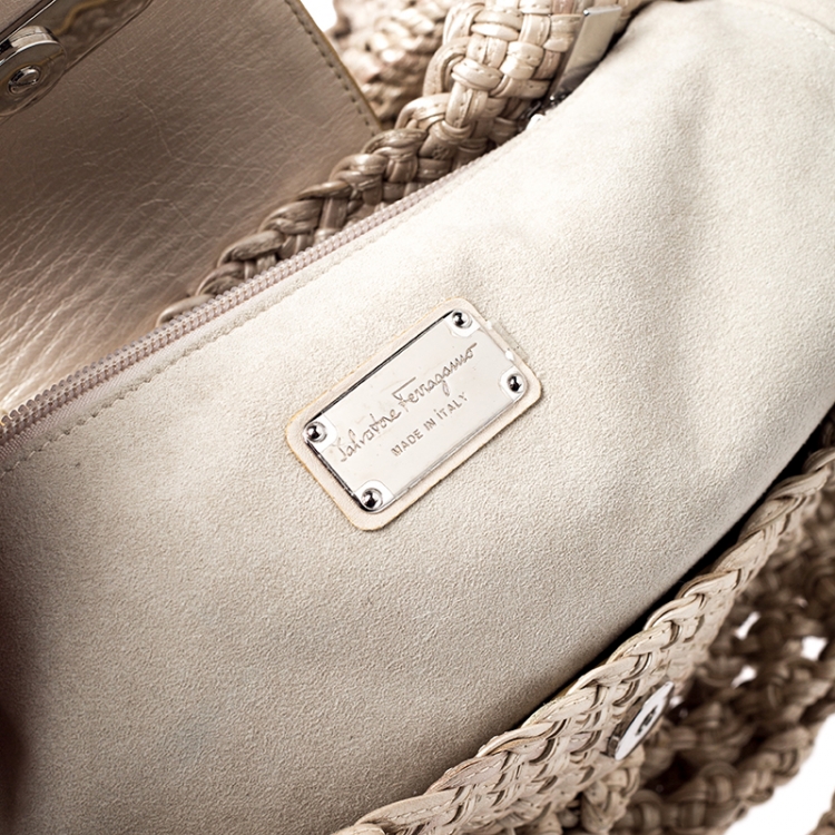 Pre Owned Salvatore Ferragamo Beige Braided Leather Satchel