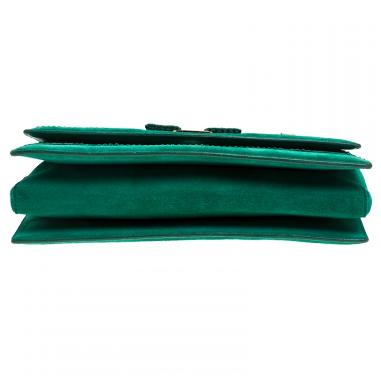 Pre Owned Salvatore Ferragamo Green Vara Zig Zag Suede Medium Ginny Flap Bag