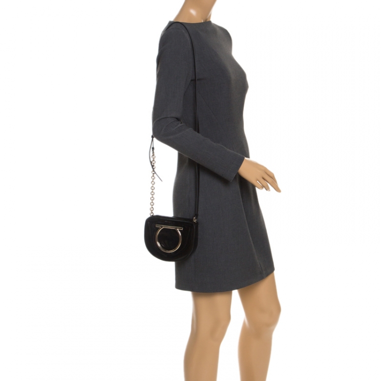 Pre Owned Salvatore Ferragamo Black Patent Leather Sabine Crossbody Bag