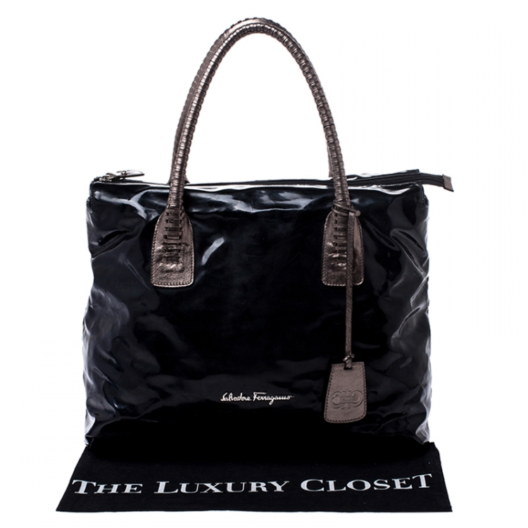 Pre Owned Salvatore Ferragamo Black Patent Leather Shopper Tote