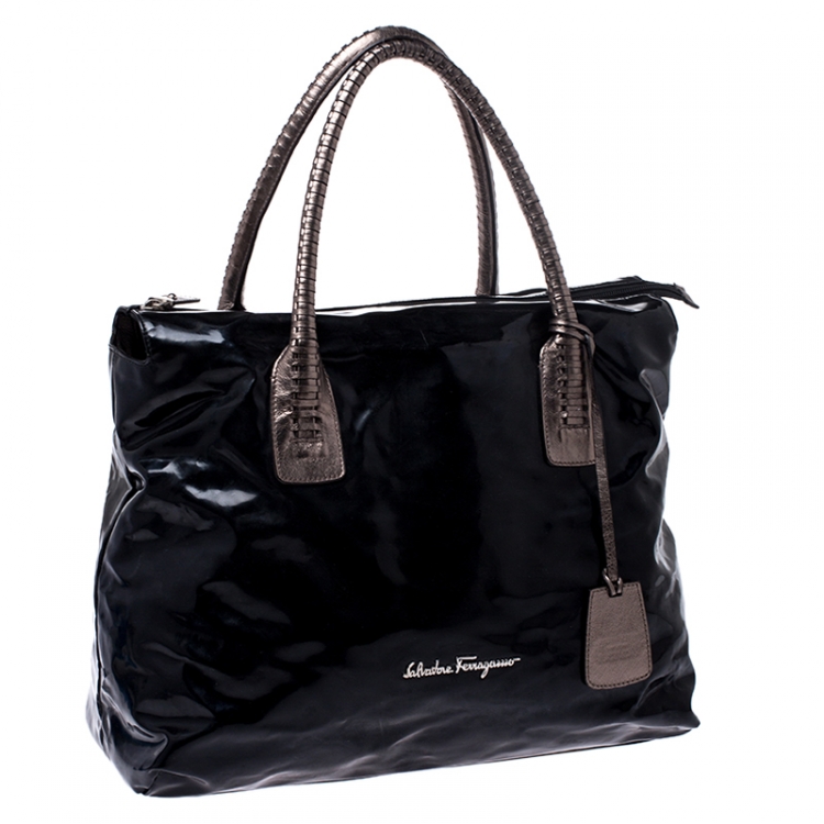 Pre Owned Salvatore Ferragamo Black Patent Leather Shopper Tote