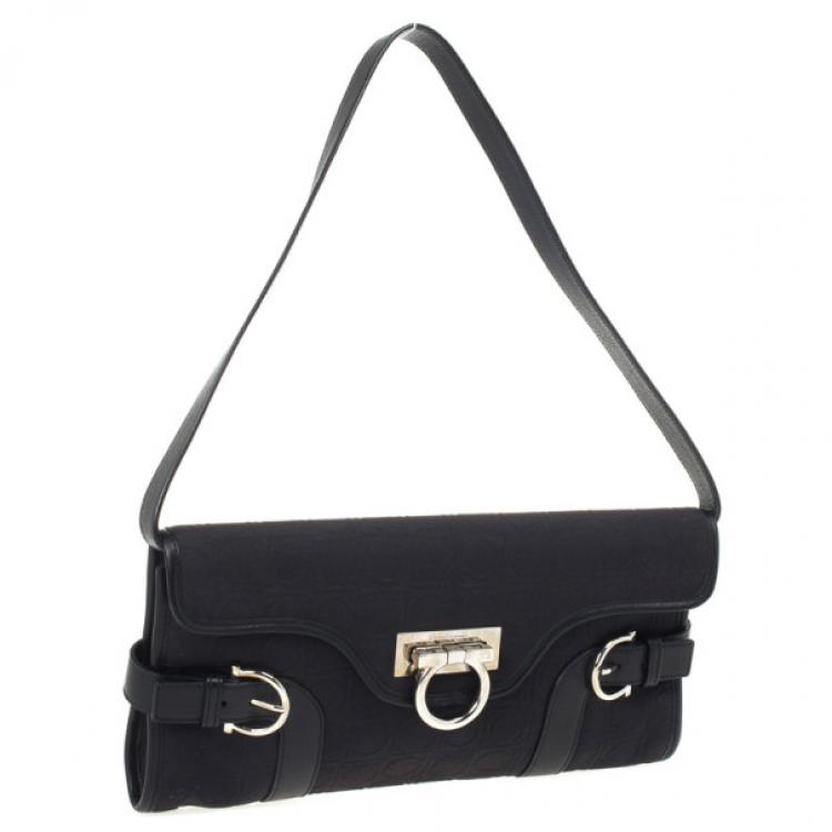 Pre Owned Salvatore Ferragamo Black Logo Flap Satchel