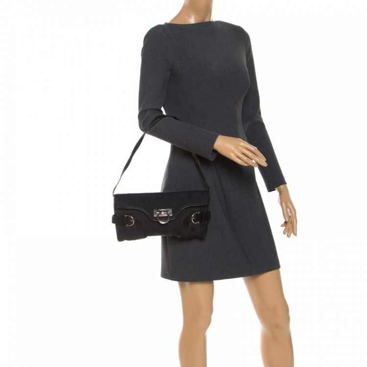 Pre Owned Salvatore Ferragamo Black Monogram Fabric and Leather Shoulder Bag 