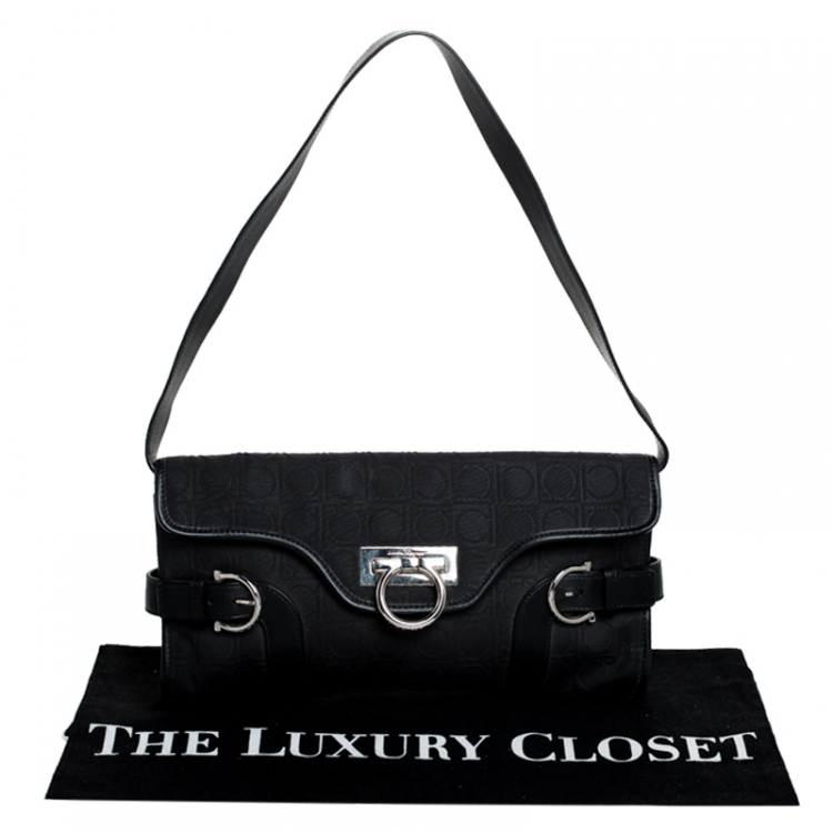 Pre Owned Salvatore Ferragamo Black Monogram Fabric and Leather Shoulder Bag 